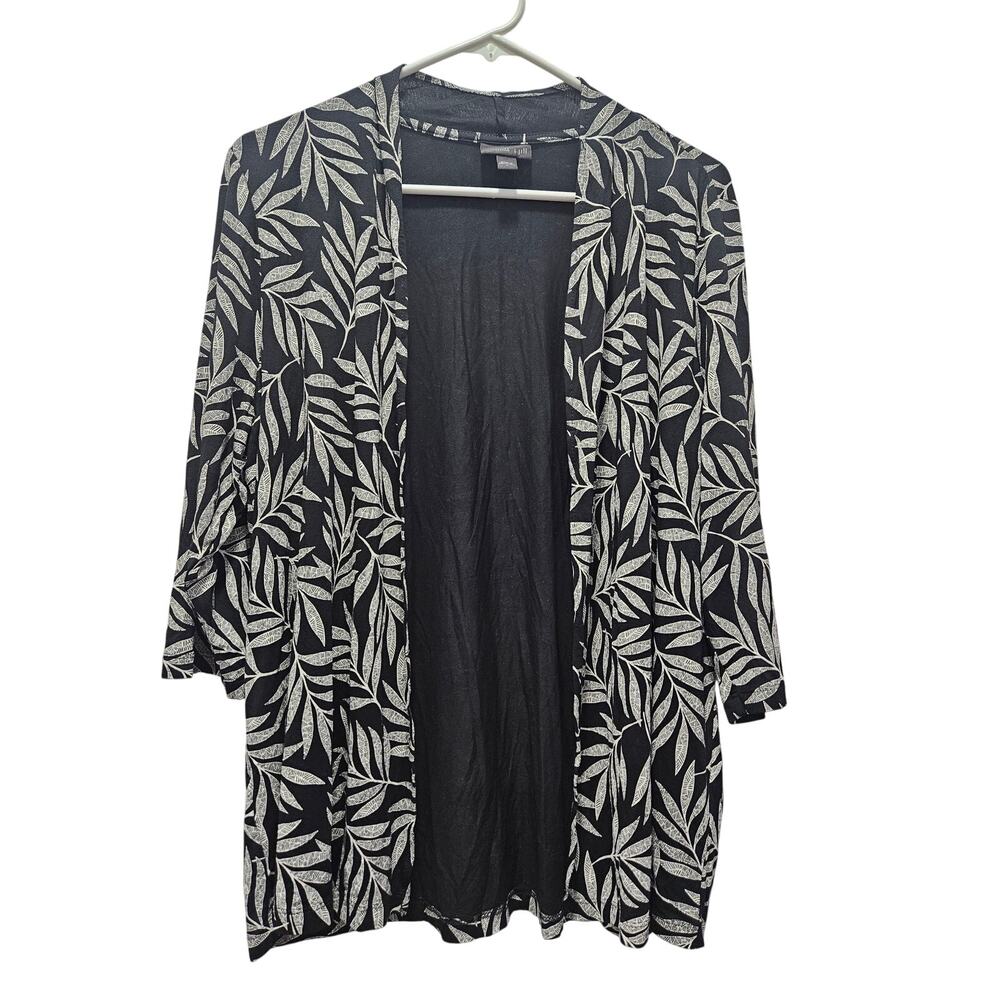 J Jill Wearever Open Front Cardigan Leaf Print Black Beige L